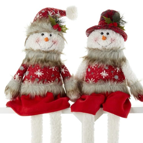Set of 2 Mr & Mrs Snowman Sitting Dangle Legs Doll Christmas New - Picture 3 of 3